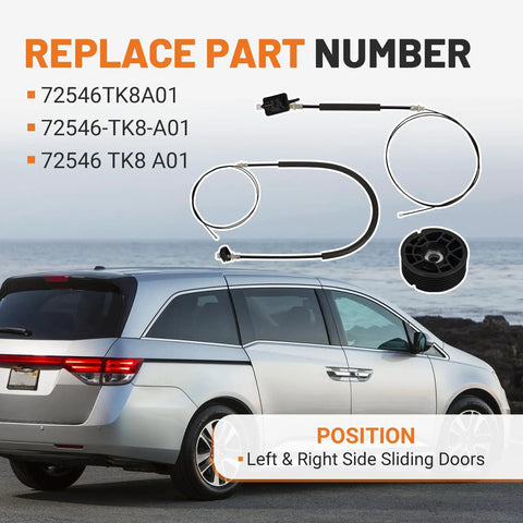 Slick Power Sliding Door Cable And Pulley Wheel Kit Straight Bolt On Replacement For 2011 Thru 2017 Honda Odyssey Ex Lx Exl Touring Left Right Side showing cables and pulleys.