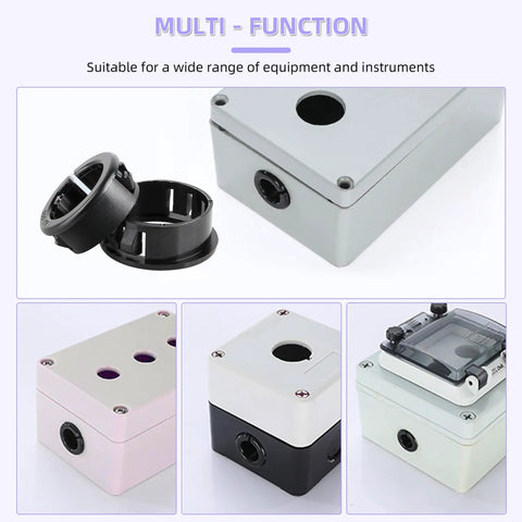 DIY Friendly 50 Pack Black Snap-In Bushing Grommets for Wiring and Tubing shown with enclosures