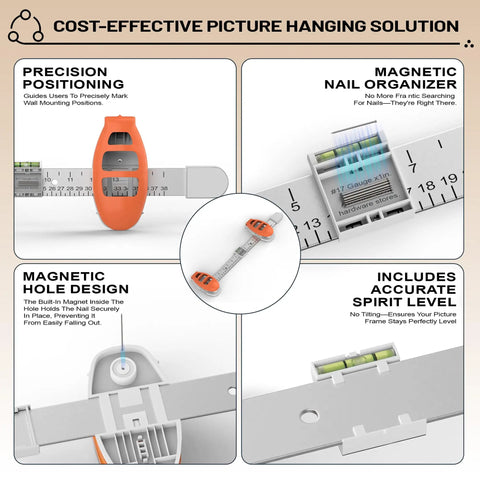 All In One Picture Hanging Tool That Levels Dead Straight No Sweat shows measurements, magnetic nail holder, and spirit level.