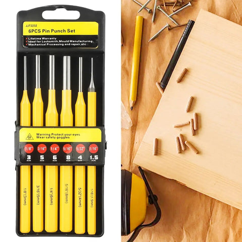 Six Piece Heavy Duty Steel Drive Punch Kit For Woodworkers And Mechanics Featuring Flat Chisel And Center Tips, 1.5mm to 8mm