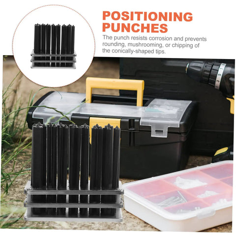 28-Piece Cylindrical Punch Set for Positioning Drilling and Mechanical Repairs, Handy Hand Tool Kit With Punch Base for Jewelry Making and Assembly, Corrosion-Resistant Tips, Durable and Easy to Use shown in the garden with a toolbox and a drill