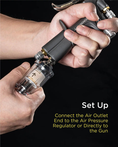 Heavy Duty Oil Water Separator For Air Compressors connected to air pressure regulator for setup, showing clear polycarbonate design.