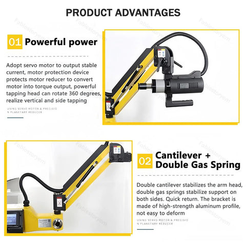 Heavy Duty Electric Tapping Machine With Flexible 1000mm Arm For M3 To M16 Threads, showing 360-degree rotating tapping head.