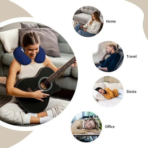 Maine State Flag Print U Shaped Travel Pillow With Memory Foam Cervical Support worn by person at home, ideal for travel and naps