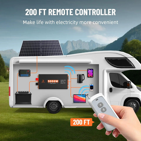 Heavy Duty 5000W Power Inverter Converts 12V DC To 120V AC With 3 AC Outlets And USB Type C Ports Built Different For RV Truck Boat Tailgating And Off Grid Solar Adventures with remote control and solar panel.