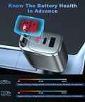 Retractable Car Charger 4 In 1 With USB C Fast Charge 84W, digital display showing battery health on 12V-24V vehicle power hub.