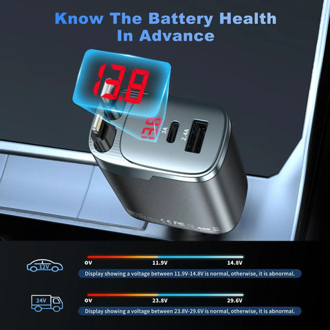 Retractable Car Charger 4 In 1 With USB C Fast Charge 84W, digital display showing battery health on 12V-24V vehicle power hub.