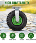Heavy Duty 10 Inch Pneumatic Caster Wheels With Killer Knobby Tread, showing a swivel caster on cobblestone path.