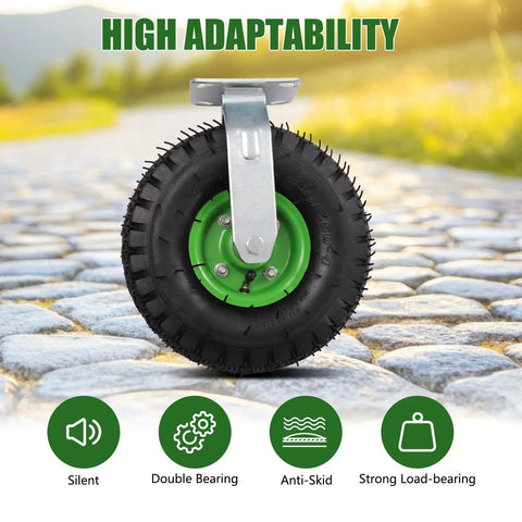Heavy Duty 10 Inch Pneumatic Caster Wheels With Killer Knobby Tread, showing a swivel caster on cobblestone path.