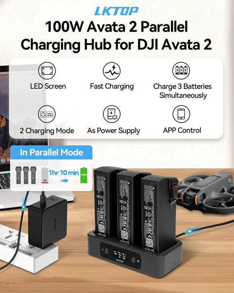 Two-Way 100W Charging Hub Kit For DJI Avata 2 Drone Accessories With USB-C Fast Charger And LED Screen Display