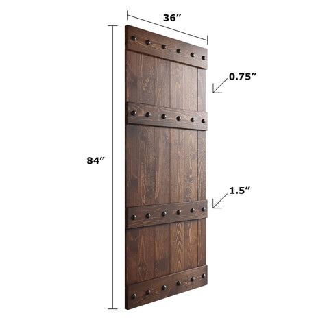 Knotty Pine Sliding Barn Door Kit 36 in Wide by 84 in High Dark Walnut Finish Handcrafted in USA shown unassembled front view