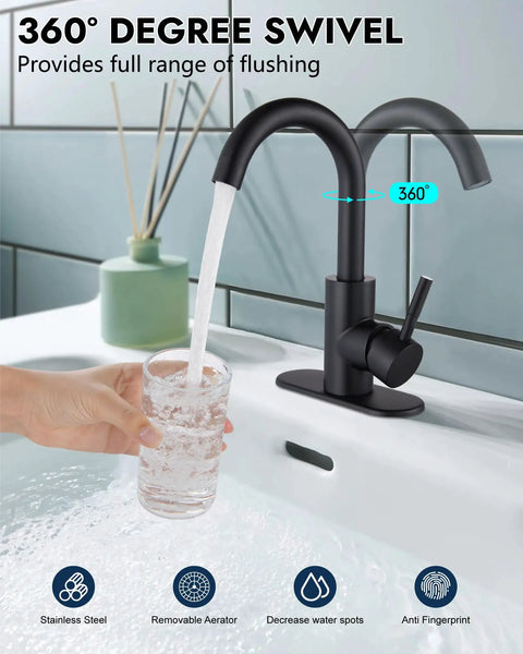 Single Hole Bar Sink Faucet Matte Black With 360 Degree Swivel Spout 304 Stainless Steel pouring water into glass
