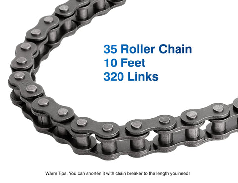 35 roller chain, 320 links, 10 ft length, metal gray chain