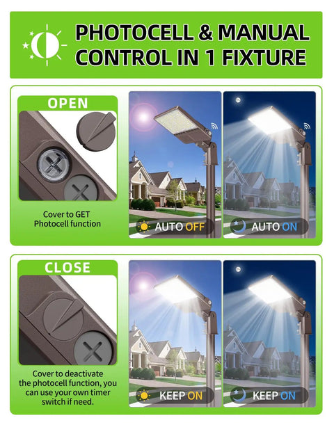 Diagram of UL Listed LED Parking Lot Light 150W With Photocell And 22500 Lumens showing photocell control options