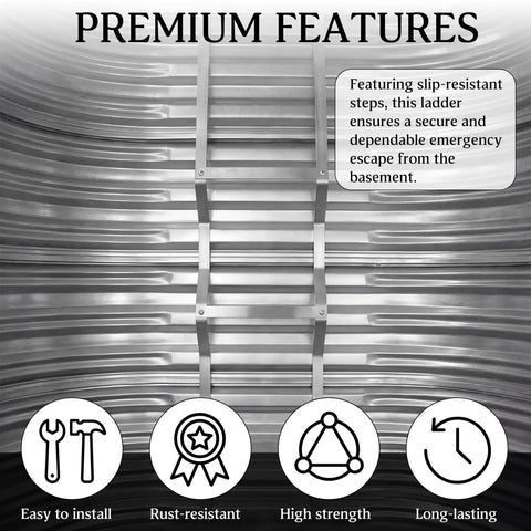 Aluminum Egress Window Well Ladder 3 Step With Hook, Basement Escape Ladder Fits 4-5 Ft Window Wells, 14 Inch Rung Spacing, 50 Inch Height, 300 Lb Capacity, No-Hassle Safe Emergency Home Access shown in a window well