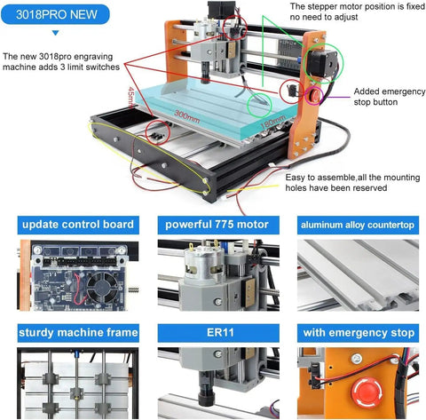 Upgraded 3018 PRO CNC Router Engraving Machine With E Stop And Limit Switches 10000 RPM Spindle, aluminum frame, motor detail