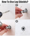 Step-by-step use of 25 Pack Lag Shield Concrete Anchors 3/8 By 1-3/4 Inch Heavy Duty Beefy Zinc Alloy Masonry Anchors with screws.