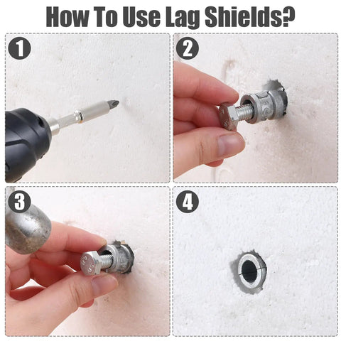 Step-by-step use of 25 Pack Lag Shield Concrete Anchors 3/8 By 1-3/4 Inch Heavy Duty Beefy Zinc Alloy Masonry Anchors with screws.