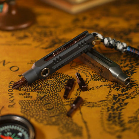 EDC Magnetic Mini Screwdriver Set With 10 S2 Steel Bits And Portable Aluminum Handle on a map background