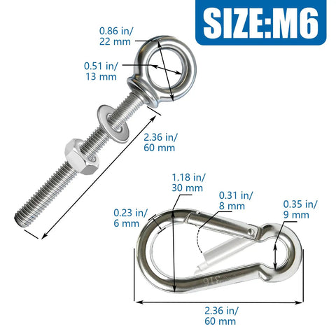 Detailed dimensions of 4 Pack M6x60mm 316 Stainless Steel Shoulder Eyebolts With Nuts Washers And Spring Snap Hooks Marine Grade Tough As Nails Threaded Eyebolts For Outdoor Use Home Gym DIY Boats And Flag Poles Hanging And Lifting Kit