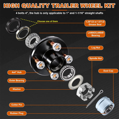 Heavy Duty 4 Lug Trailer Hub Kit For 2000 Lbs Boat Rigs With 4x4 Inch Bolt Pattern showing detailed components and assembly.