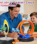 Rad Transforming Stunt Tire Race Track Kit for Kids 4 to 8 in action with parent and child playing, features hidden spiral loop.