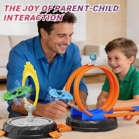 Rad Transforming Stunt Tire Race Track Kit for Kids 4 to 8 in action with parent and child playing, features hidden spiral loop.