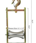Heavy Duty Steel Cable Puller Sheave And Wire Feed Pulley Block Rated For Four Thousand Pounds side view with dimensions.