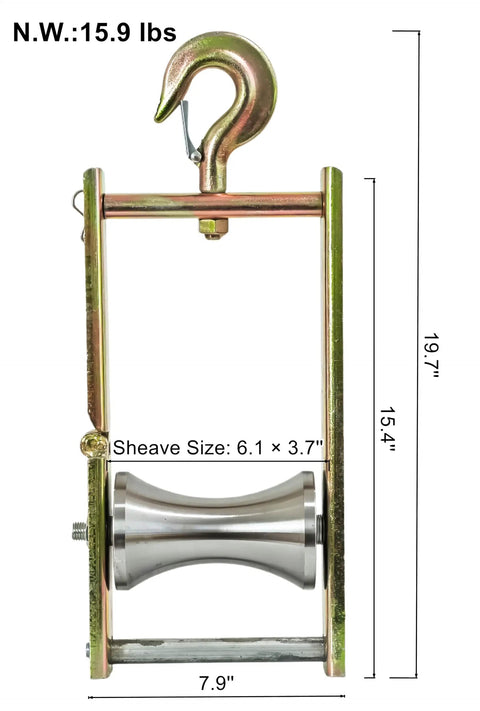 Heavy Duty Steel Cable Puller Sheave And Wire Feed Pulley Block Rated For Four Thousand Pounds side view with dimensions.