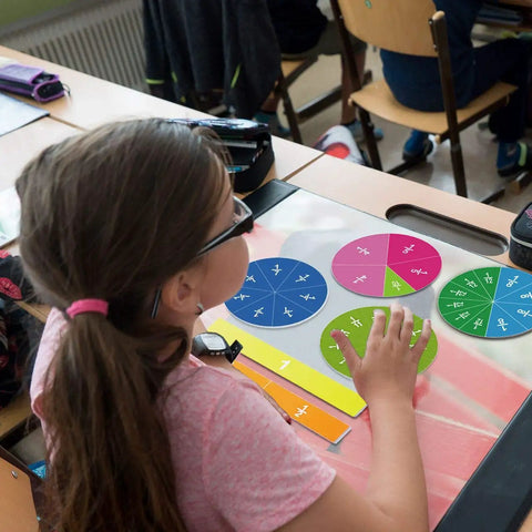 Student using Magnetic Fraction Tiles And Circles Set For Math Class And Home A Must Have 156 Piece Color Coded Fraction Set