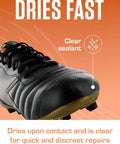 Heavy Duty Shoe Patch Glue For Fast Repairs On Leather, Rubber, And Fabric Kicks, shown applied on a black shoe