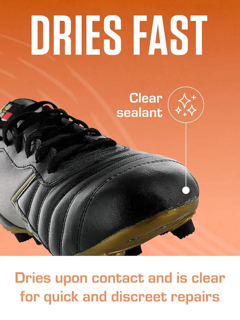 Heavy Duty Shoe Patch Glue For Fast Repairs On Leather, Rubber, And Fabric Kicks, shown applied on a black shoe