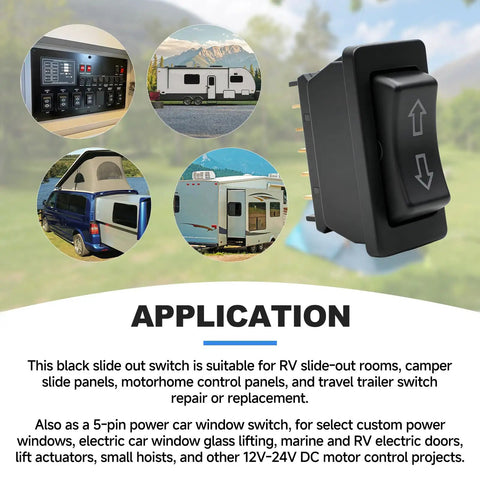 Super Handy Momentary Rocker Switch For Your Rv Camper Slide Out System Features Five Pin Inline Terminal Setup Handles 12 To 24 Volt Dc With Five To Fifteen Amp Rating For Reliable Motor Control. black momentary rocker switch with up-down arrows for RV slide-out control