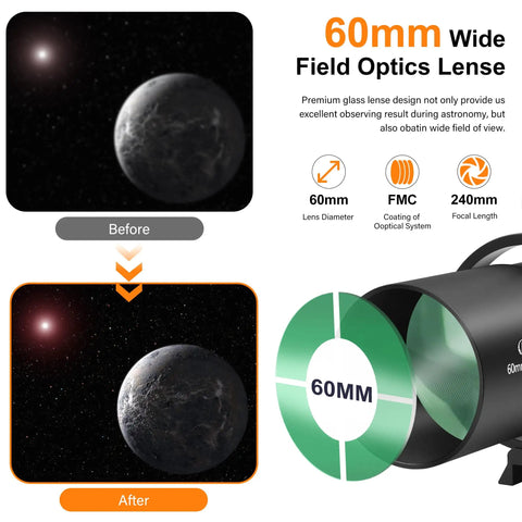 60mm Guide Scope Finder Kit With 1.25 Inch Double Helical Focuser FMC Lens demonstrating improved clarity in before and after view