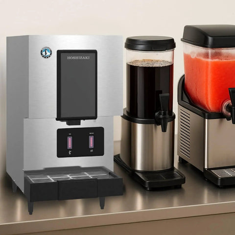 Rock Solid Commercial Cubelet Nugget Ice And Water Dispenser Features Hands Free Operation And Built In Storage Box That Churns Out 257 Lbs Of Chilled Ice Daily To Keep Your Commercial Kitchen Running Smooth on a countertop with beverage dispensers.