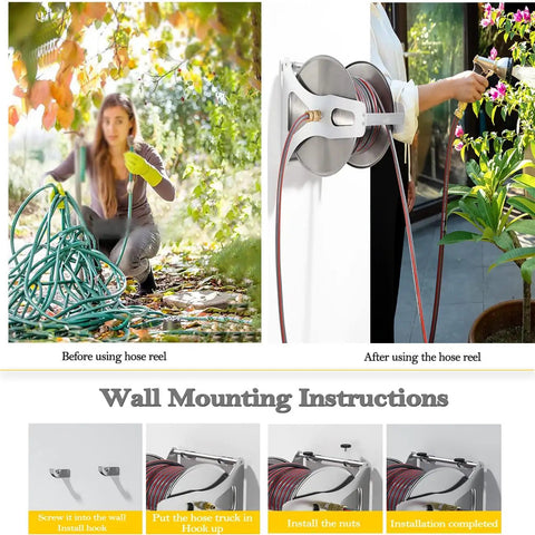 Before and after using Heavy Duty Garden Hose Reel With Wall Mount Cart for efficient outdoor water storage and organization.