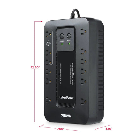 Beefy Ecologic 750VA Battery Backup And Surge Protector UPS System With 450W, 12 Surge Protected Outlets, Eco Mode, Compact Uninterruptible Power Supply For Home Office, PC, Networking Gear, And Entertainment Electronics, Black