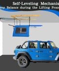 Heavy Duty Jeep Wrangler Hard Top Removal Lift Hoist With Self Levelling Design lifting a blue Jeep hard top.