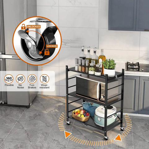 3 Tier Foldable Metal Storage Shelves With 6 Hooks And Wheels in kitchen, highlighted wheel lock detail