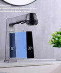 LED Bathroom Faucet With Pullout Sprayer Grey Digital Temperature Display on countertop by sink with plant