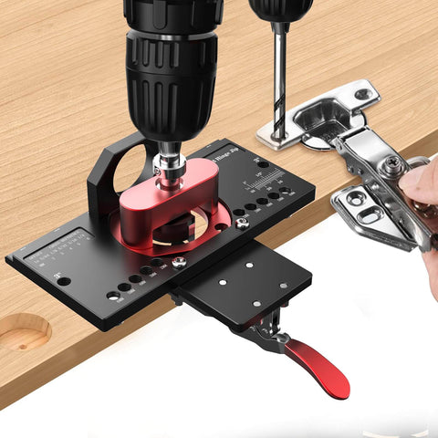 Concealed Hinge Jig With Quick Clamp And Dust Vacuum Adapter for 35mm cabinet doors in use for precise hole drilling