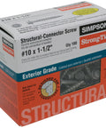 Box of Simpson Strong-Tie structural-connector screws, model #10 x 1-1/2 inch, exterior grade for wood connections.