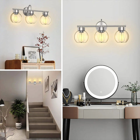 Three Light Bathroom Vanity Light In Brushed Nickel Finish With Clear Glass Shades Wall Sconce For Mirror And Hallway Built Tough With Iron Construction Durable And Humidity Ready Model WLA1435 BNK illuminating rooms beautifully.