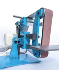 Heavy Duty 750W Electric Belt Grinder And Polisher, blue benchtop buffer with sanding belt for knife sharpening and metal polishing.