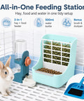 Heavy Duty 2 In 1 Hanging Hay Rack And Water Bottle Combo With Spacious Food Bowl For Bunnies Guinea Pigs Chinchillas And Little Critters Keeping Cages Clean in a feeding station with rabbit.