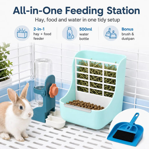 Heavy Duty 2 In 1 Hanging Hay Rack And Water Bottle Combo With Spacious Food Bowl For Bunnies Guinea Pigs Chinchillas And Little Critters Keeping Cages Clean in a feeding station with rabbit.