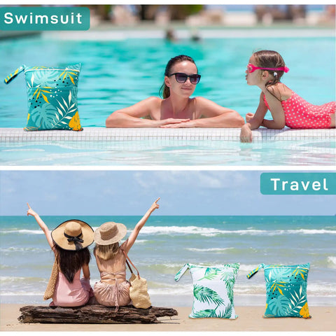 Two Pack Waterproof Wet Bags With Two Zippered Pockets Reusable Travel Beach Pool Diaper Organizer 11.5 X 14 Inches Green Leaf Design by pool