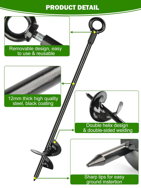 Detailed view of Beefy Heavy Duty Ground Anchors Kit showcasing removable design, double helix structure, and sharp tips for easy insertion.