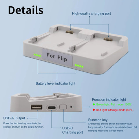 Dual Battery Charger For Flip Drone Battery With 45W Display And Parallel Charging Hub Charge Two Batteries At Once With USB Cable