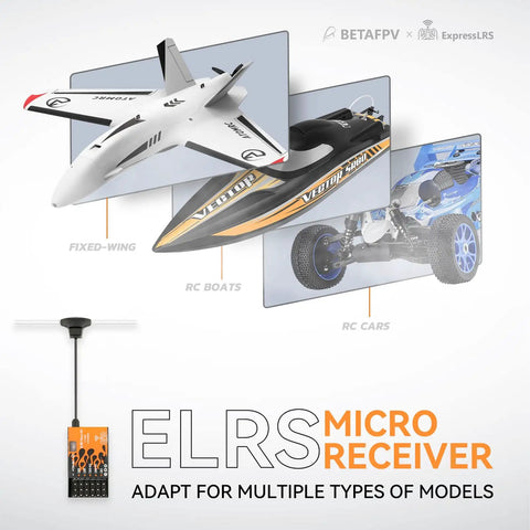 ExpressLRS Micro Receiver With Five PWM Outputs Failsafe And IPEX MHF T Antenna Compatible For Multirotors Fixed Wing Boats And RC Cars Plug And Play Easy To Install CRSF Firmware Support For TX RX Mapping showing compatible models like fixed-wing planes, RC boats, and cars.